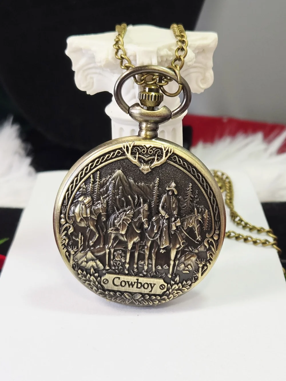 Cowboy Pocket Watch Chain Western Horse Rider Antique Bronze Rugged Rustic Gift